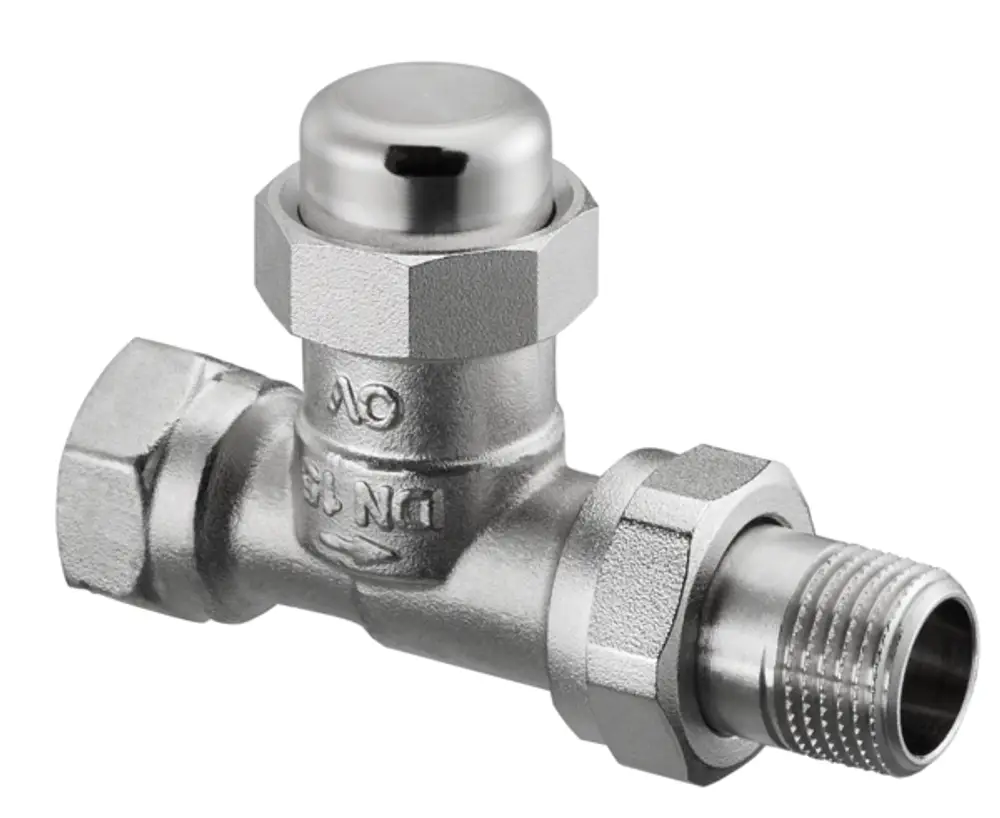 Rücklaufverschraubung aus Messing, vernickelt, mit einem Durchgang und Gewindeanschlüssen. Oventrop-Produkt, geeignet für Rohrleitungen und Heizungsinstallationen.